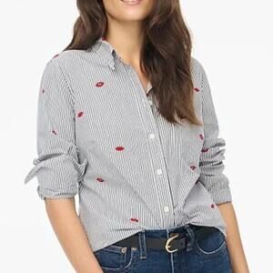 J.Crew S NEW Striped Button Front Shirt Red Lips Kiss Detail 100% Cotton